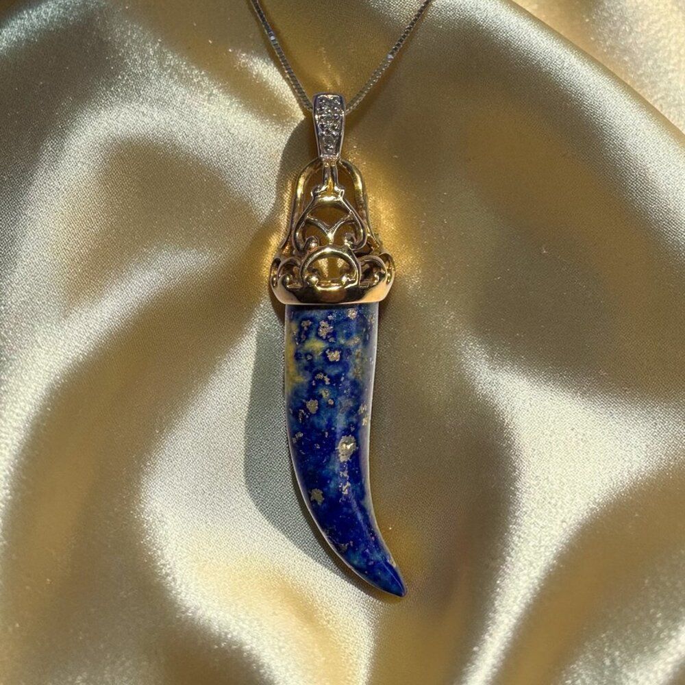 10K Gold - Lapis Lazuli & Diamond Tusk Necklace -20"- Ornate Filigree  -5.4g - Picture 13 of 16